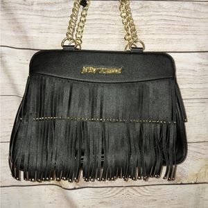 BETSEY JOHNSON Black Fringe Purse, Trademark BETSEY Logo / Interior